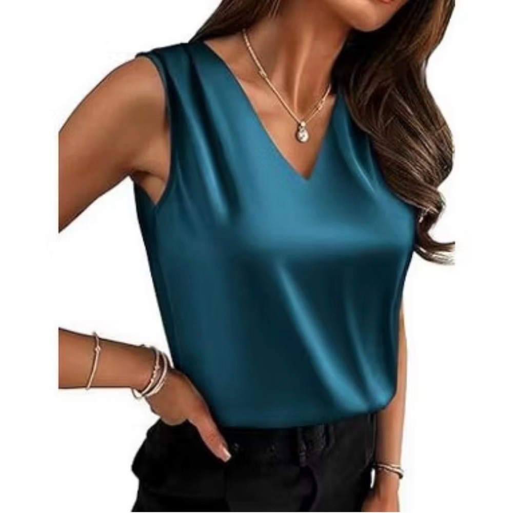 Zeagoo Satin V-Neck Sleeveless Blouse Camisole, Blue Green, Size XL